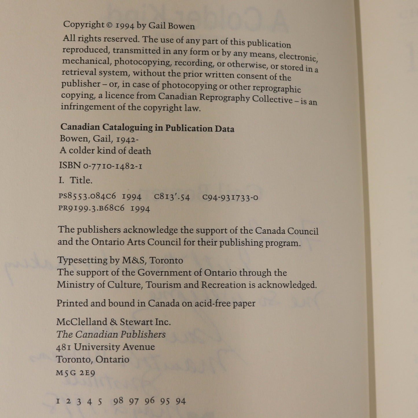 Gail Bowen A Colder Kind of Death Joanne Kilbourn Saskatchewan Fiction Book