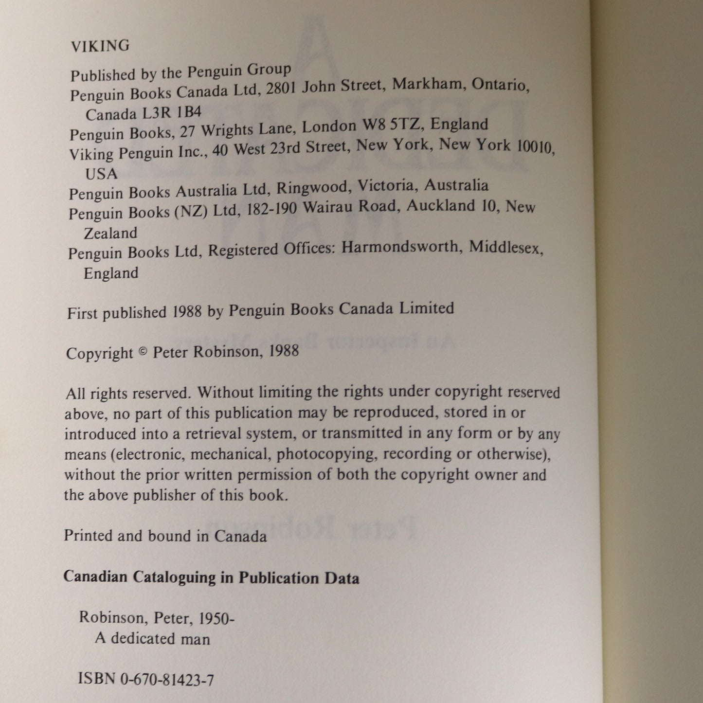 A Dedicated Man Peter Robinson Inspector Banks 1st Edition Mystery Used Book