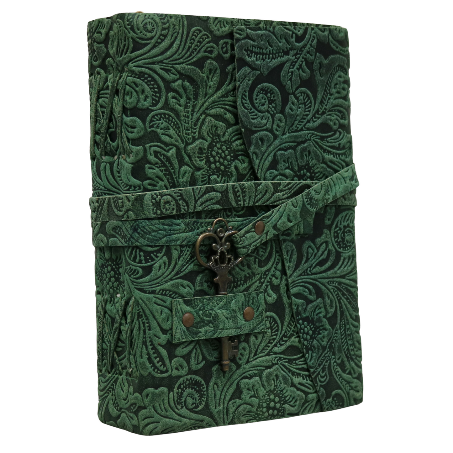 Green Floral Rustic Leather Journal with Antiqued Pages 6" X 8" Notebook Bound Book
