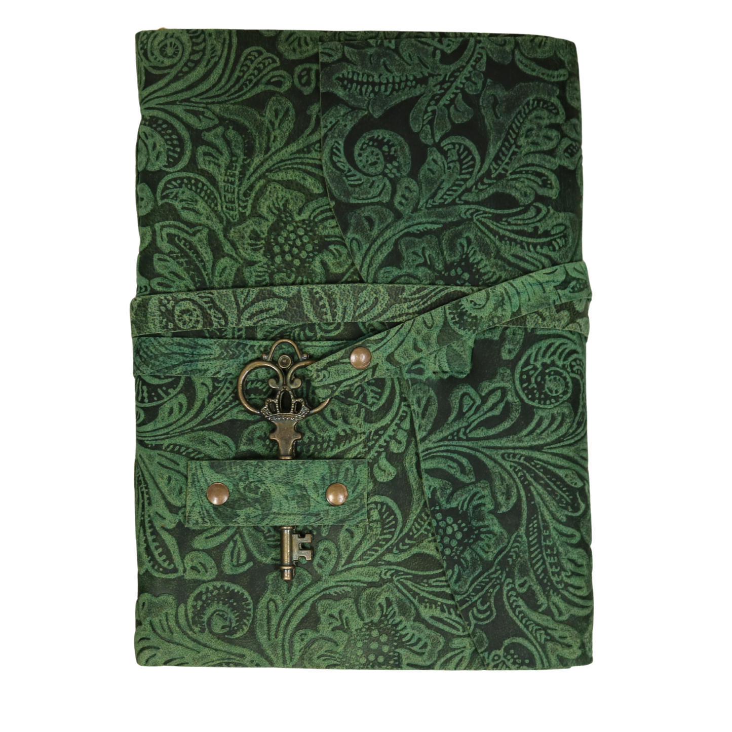 Green Floral Rustic Leather Journal with Antiqued Pages 6" X 8" Notebook Bound Book