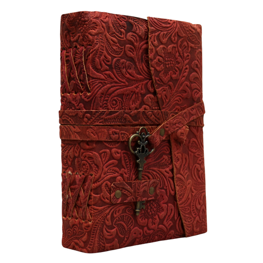 Red Floral Rustic Leather Journal with Antiqued Pages 6" X 8" Notebook Bound Book