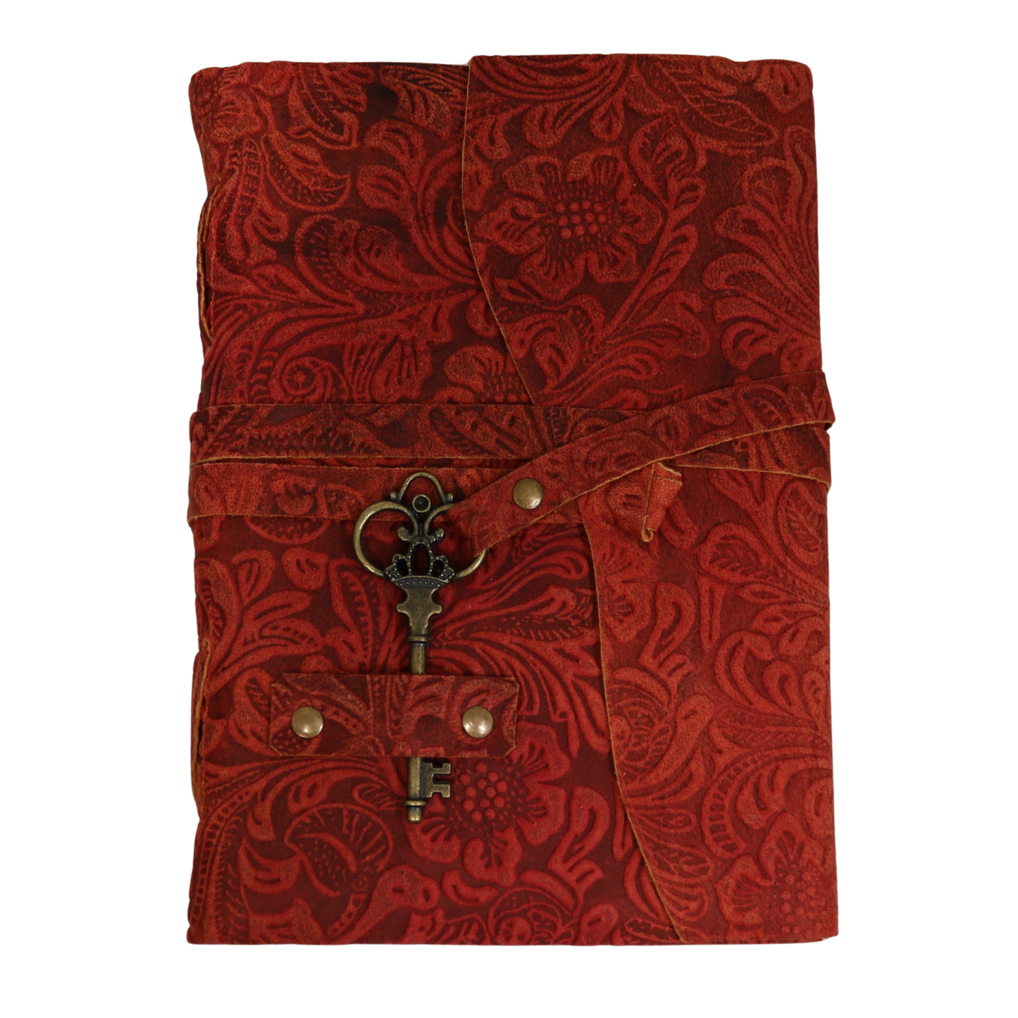 Red Floral Rustic Leather Journal with Antiqued Pages 6" X 8" Notebook Bound Book