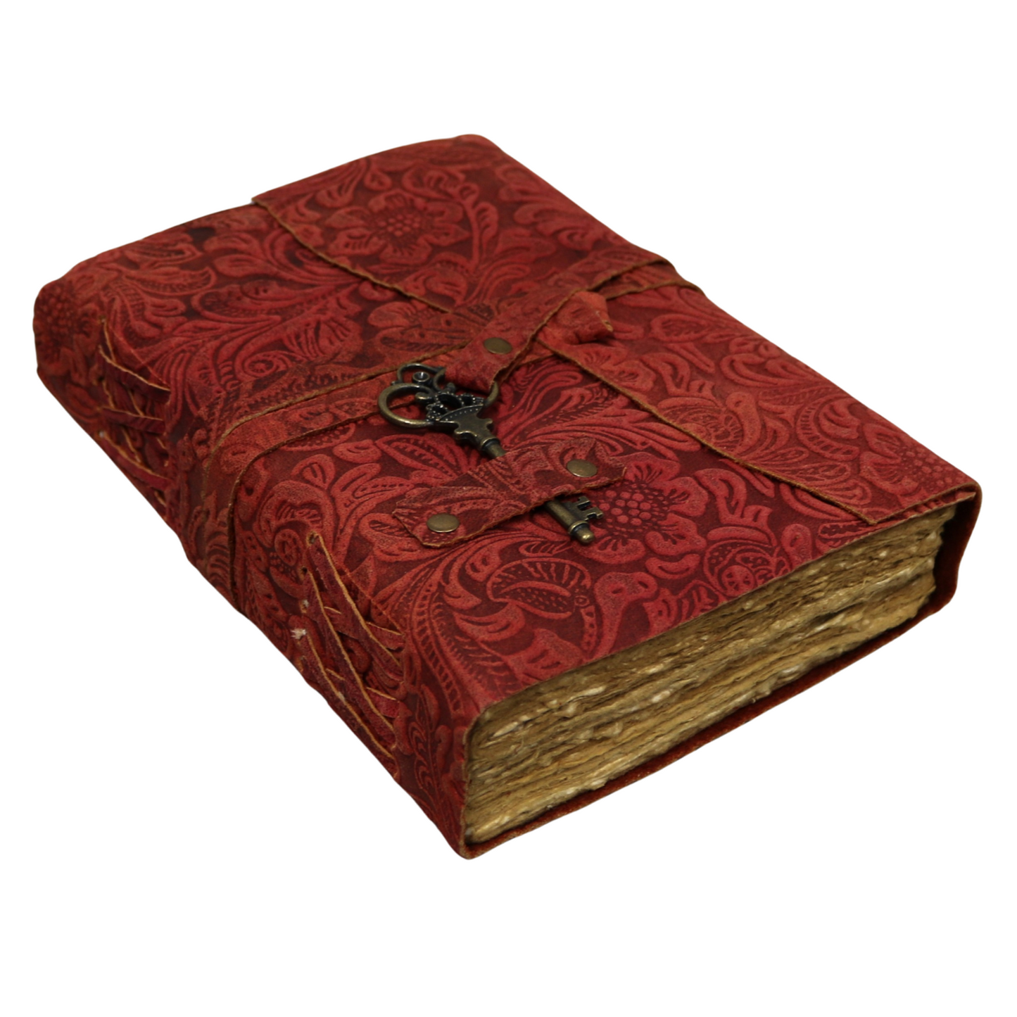 Red Floral Rustic Leather Journal with Antiqued Pages 6" X 8" Notebook Bound Book