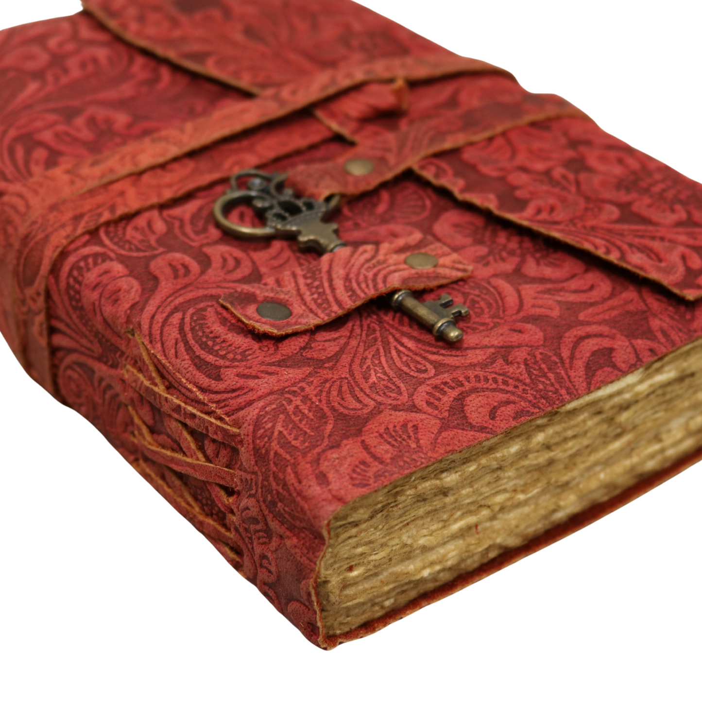Red Floral Rustic Leather Journal with Antiqued Pages 6" X 8" Notebook Bound Book