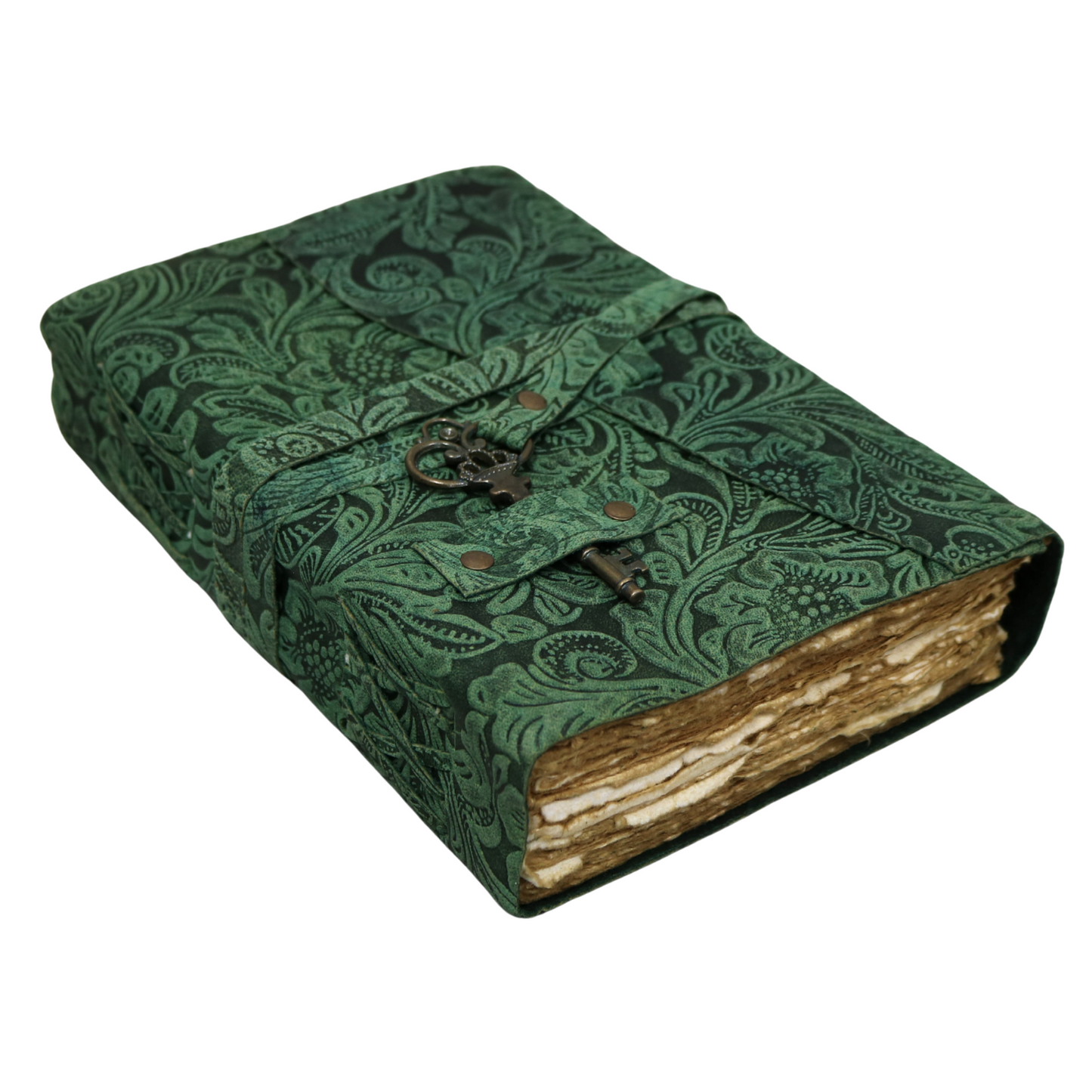 Green Floral Rustic Leather Journal with Antiqued Pages 6" X 8" Notebook Bound Book