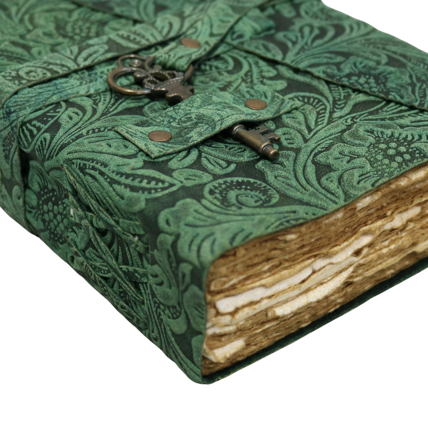 Green Floral Rustic Leather Journal with Antiqued Pages 6" X 8" Notebook Bound Book