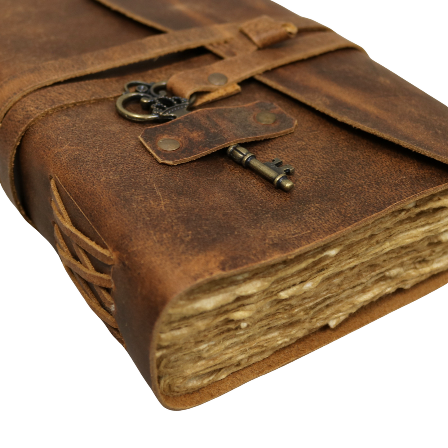 Key Strap Rustic Leather Journal with Antiqued Pages 6" X 8" Notebook Bound Book