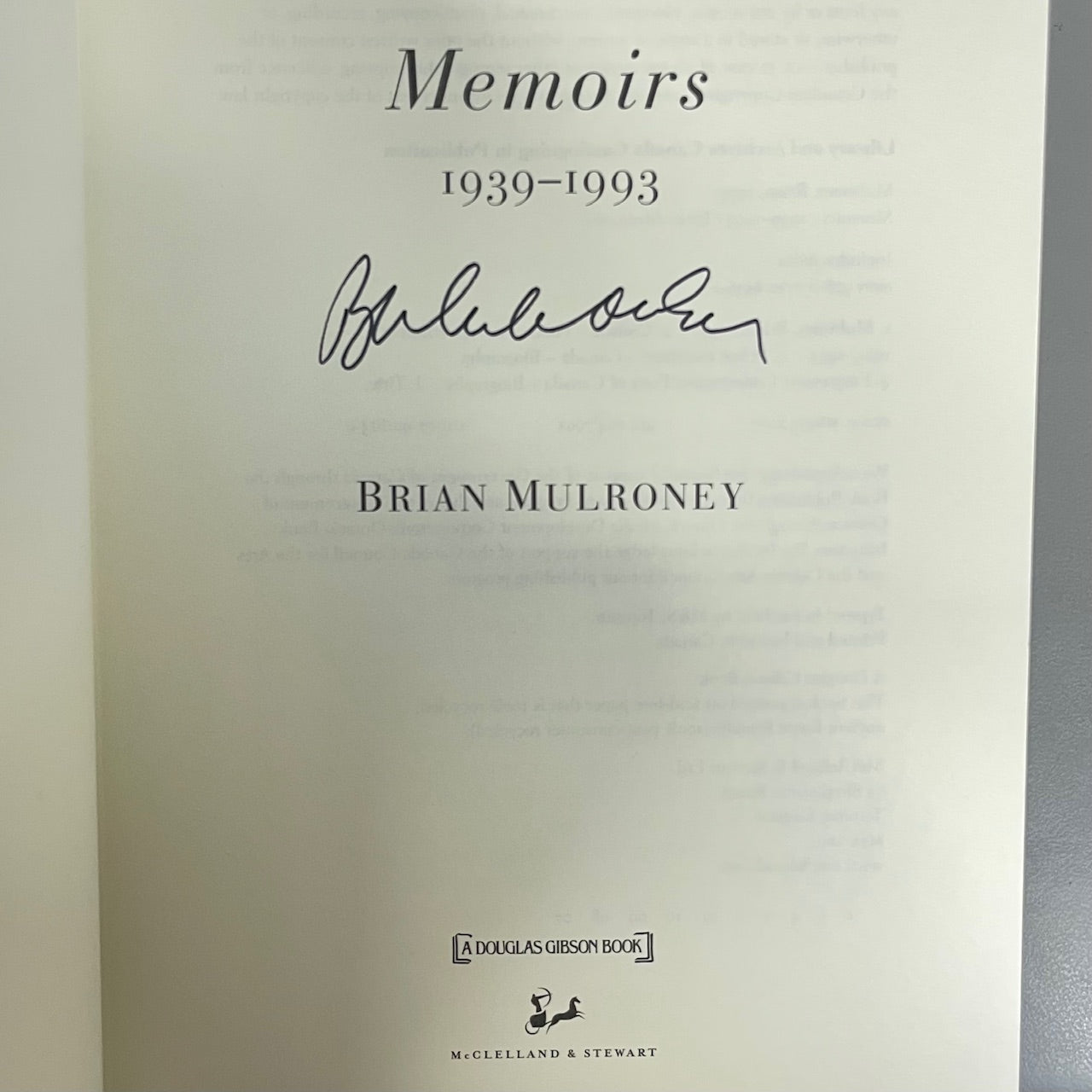 Brian Mulroney Canadian Canada Prime Minister Memoirs Signed Biography Book