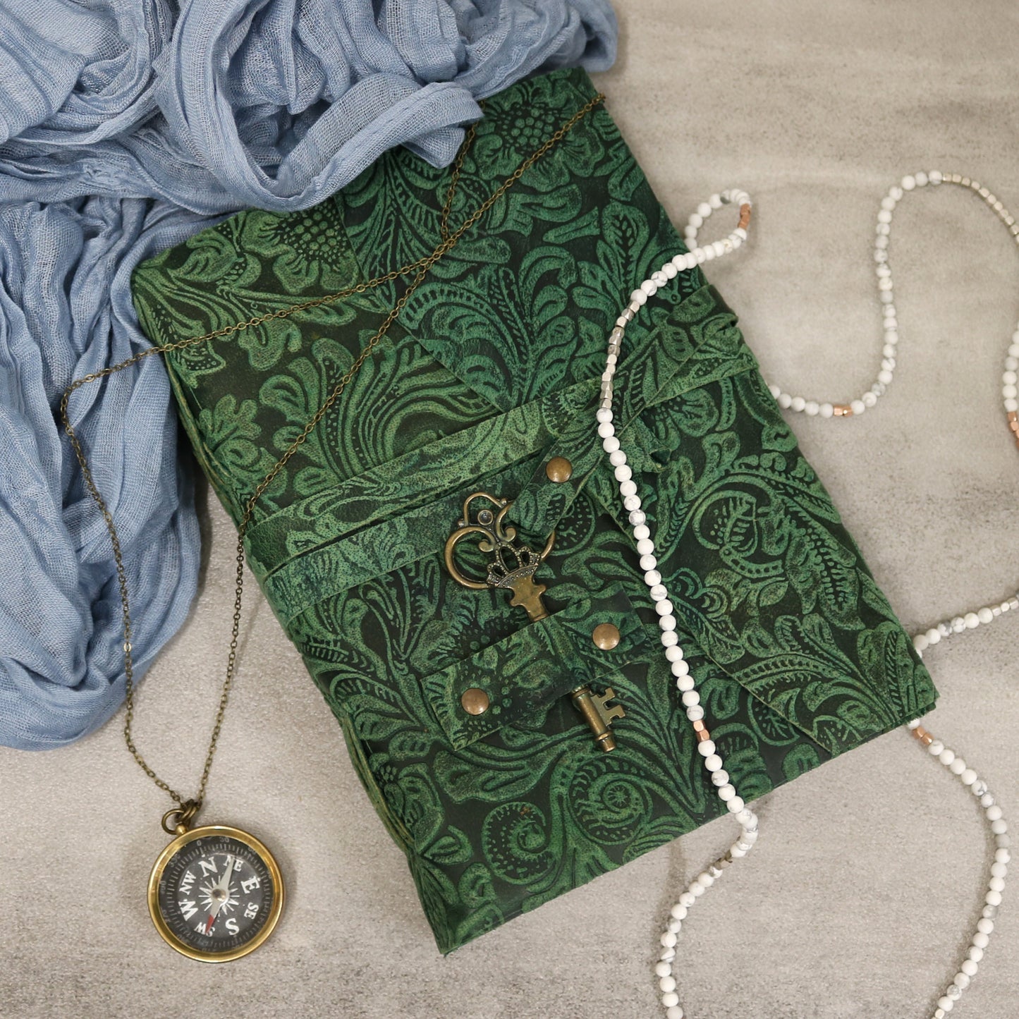 Green Floral Rustic Leather Journal with Antiqued Pages 6" X 8" Notebook Bound Book