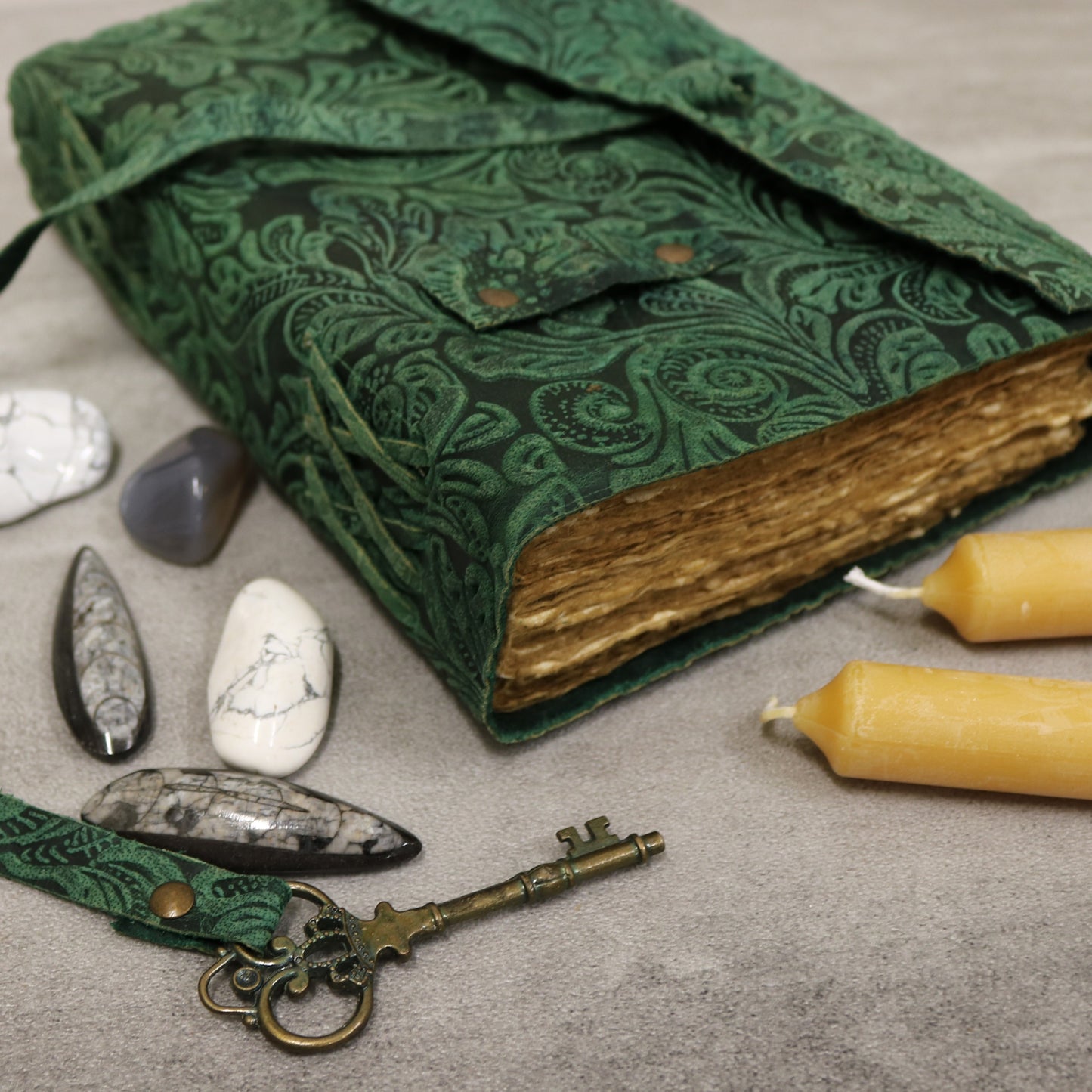 Green Floral Rustic Leather Journal with Antiqued Pages 6" X 8" Notebook Bound Book