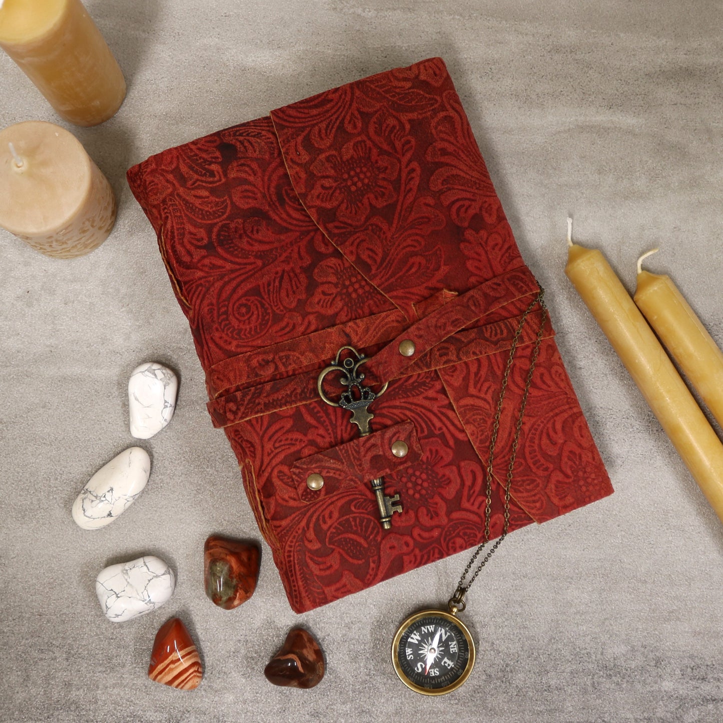 Red Floral Rustic Leather Journal with Antiqued Pages 6" X 8" Notebook Bound Book